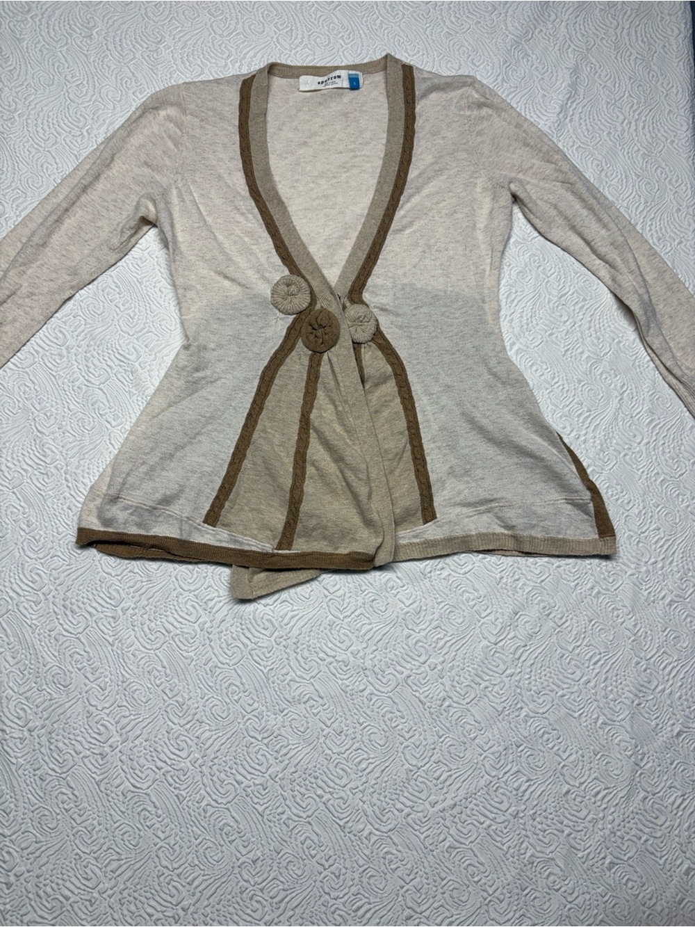 Anthropology Sparrow Beige and Brown Trim Knit Cardigan with Rosette Buttons